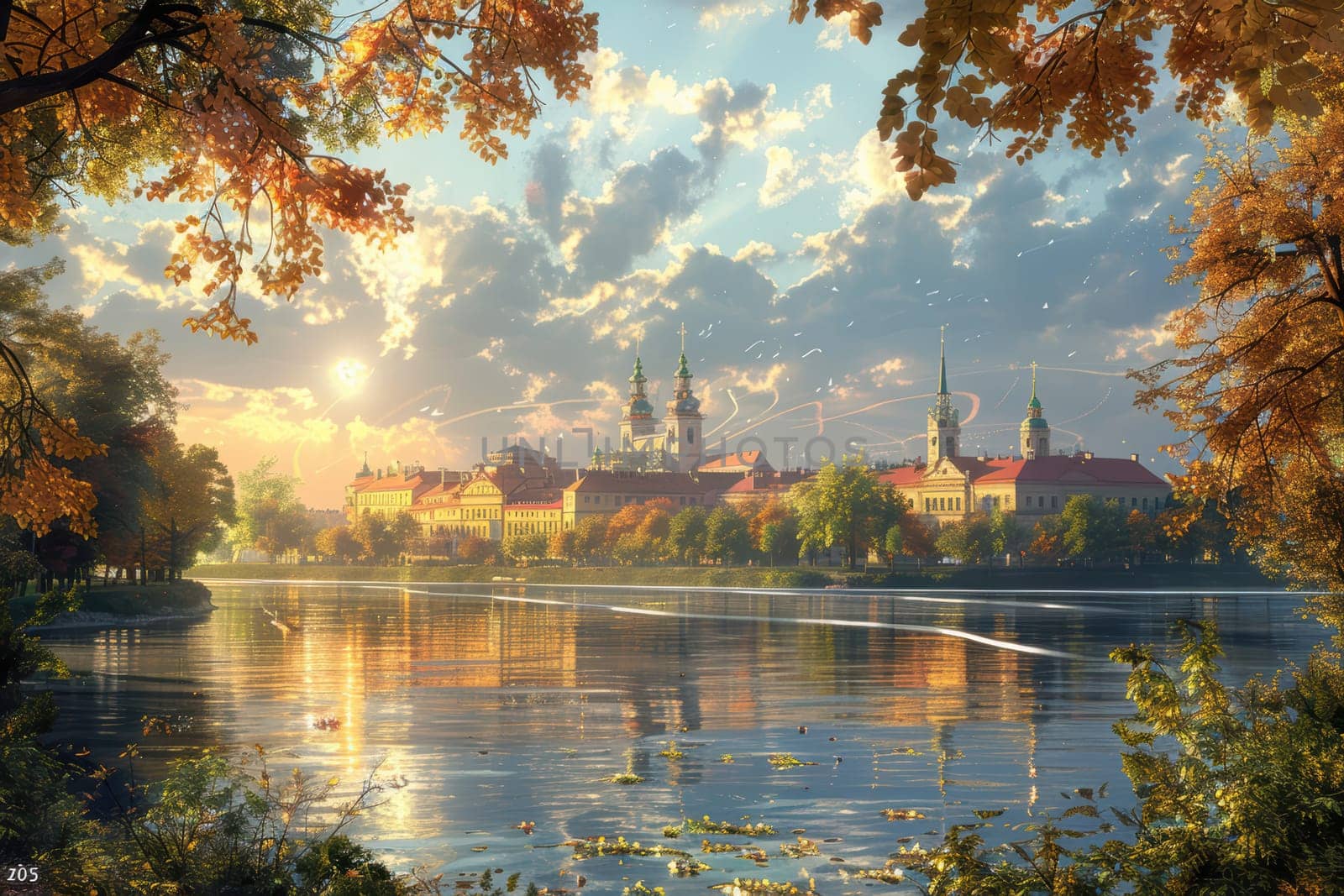 A mesmerizing sunset gracefully casts stunning golden hues across calm waters and magnificent historic architecture