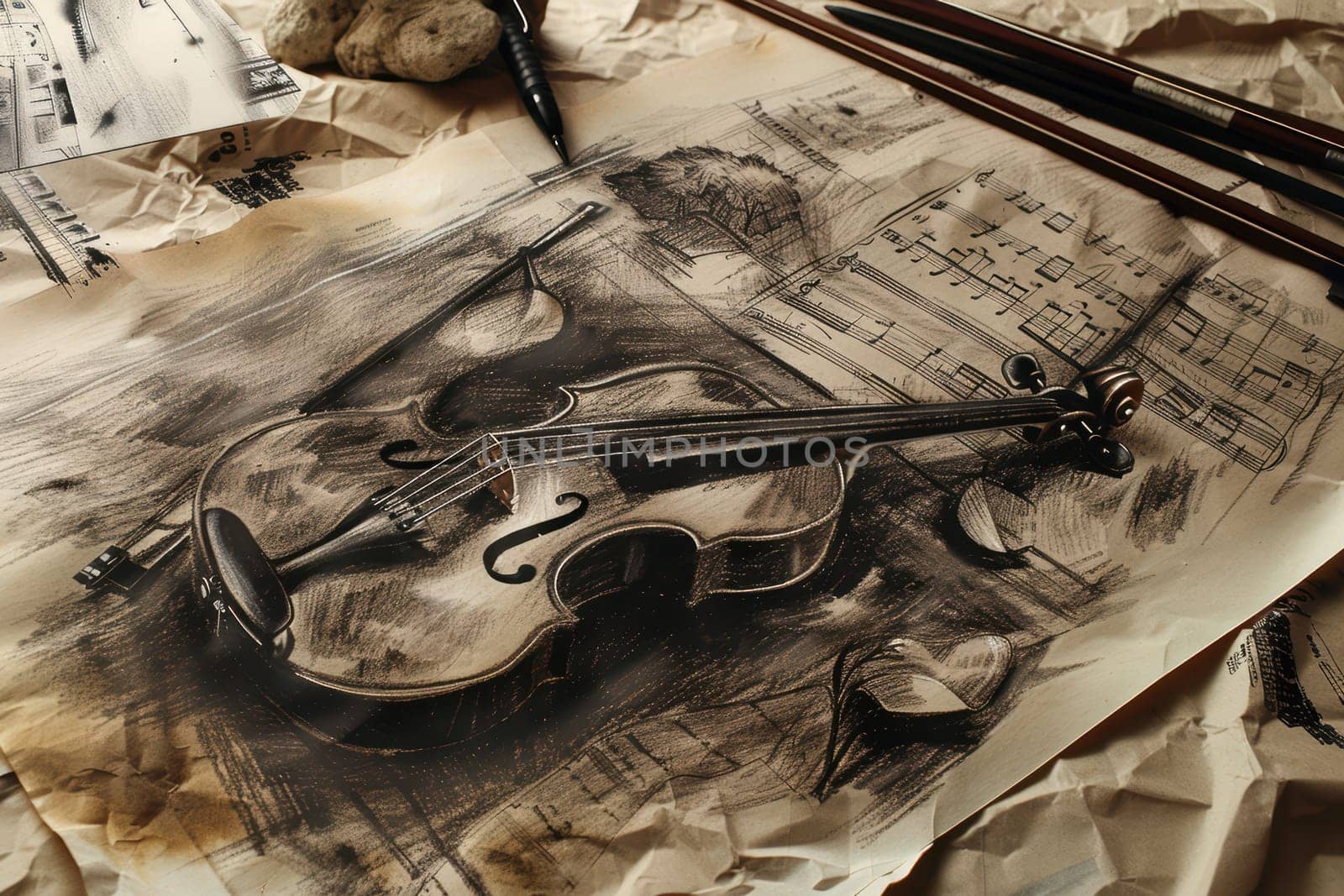An artistic rendering of a crafted violin surrounded by vibrant musical notes and aged paper textures for impact