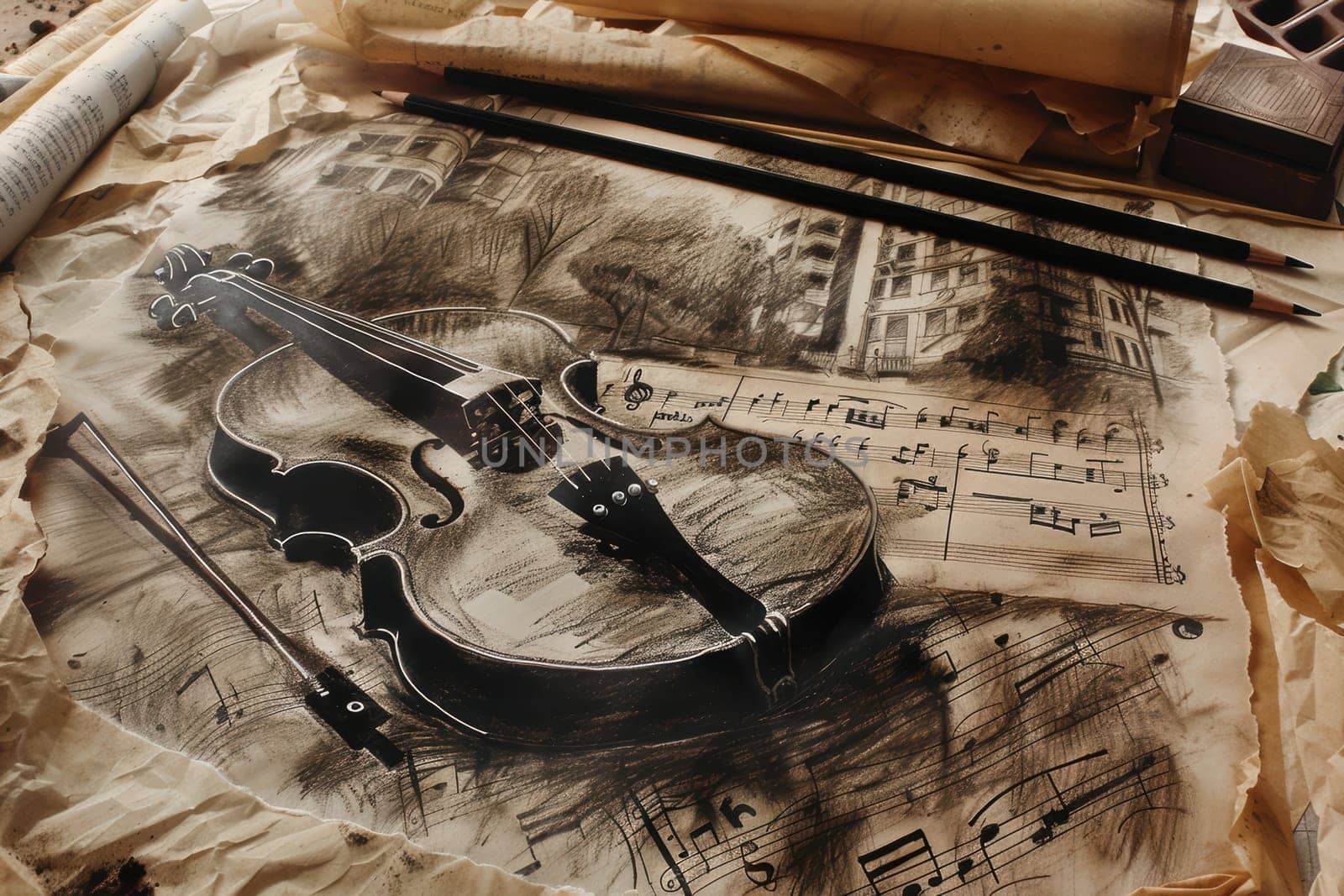 A depiction of a crafted violin on textured paper with musical notes, evoking a charming vintage feel