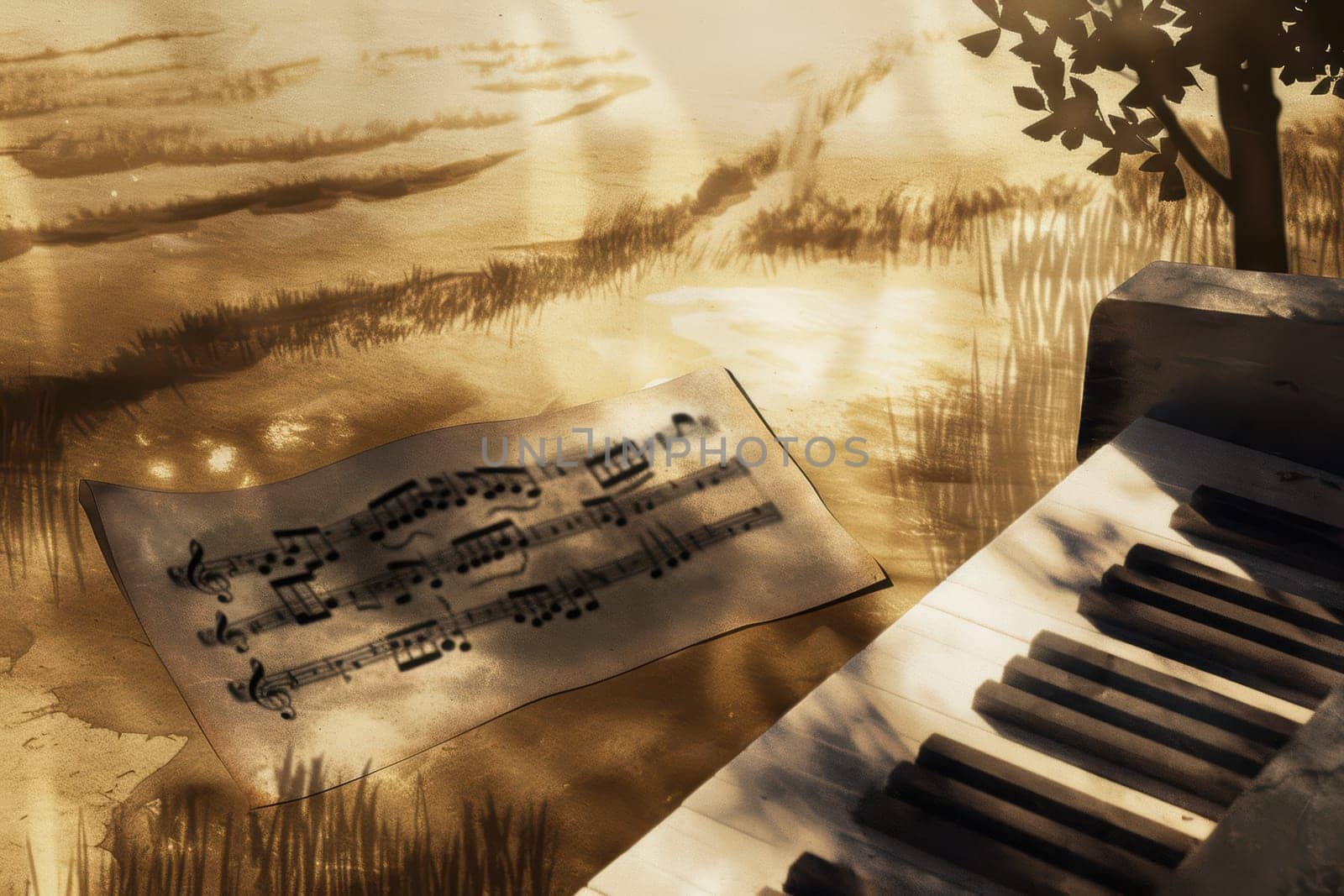 A serene piano landscape that features scattered musical notes floating amidst the beauty of nature