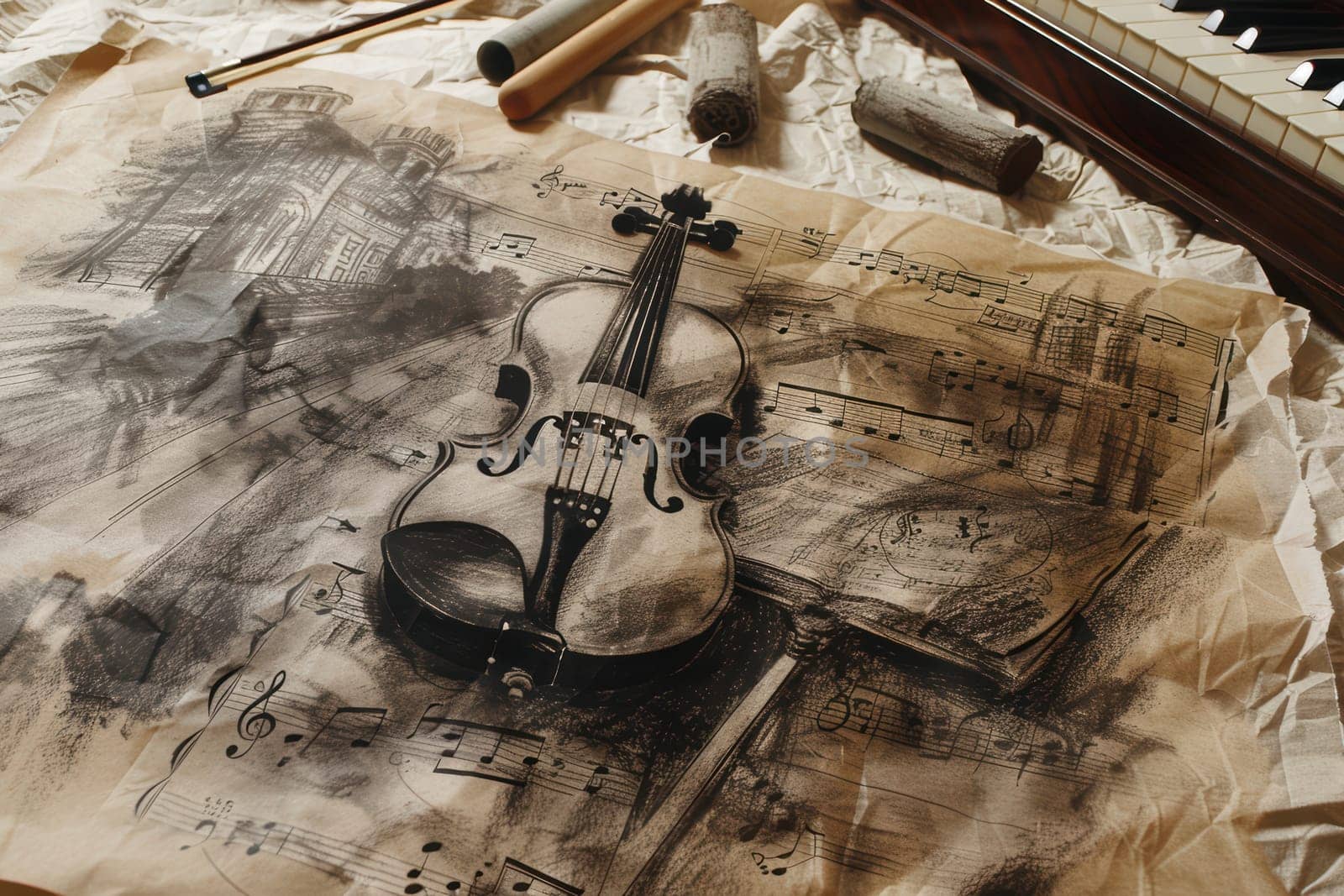 A beautifully creative charcoal sketch of a violin rests upon crumpled paper accompanied by artistic tools