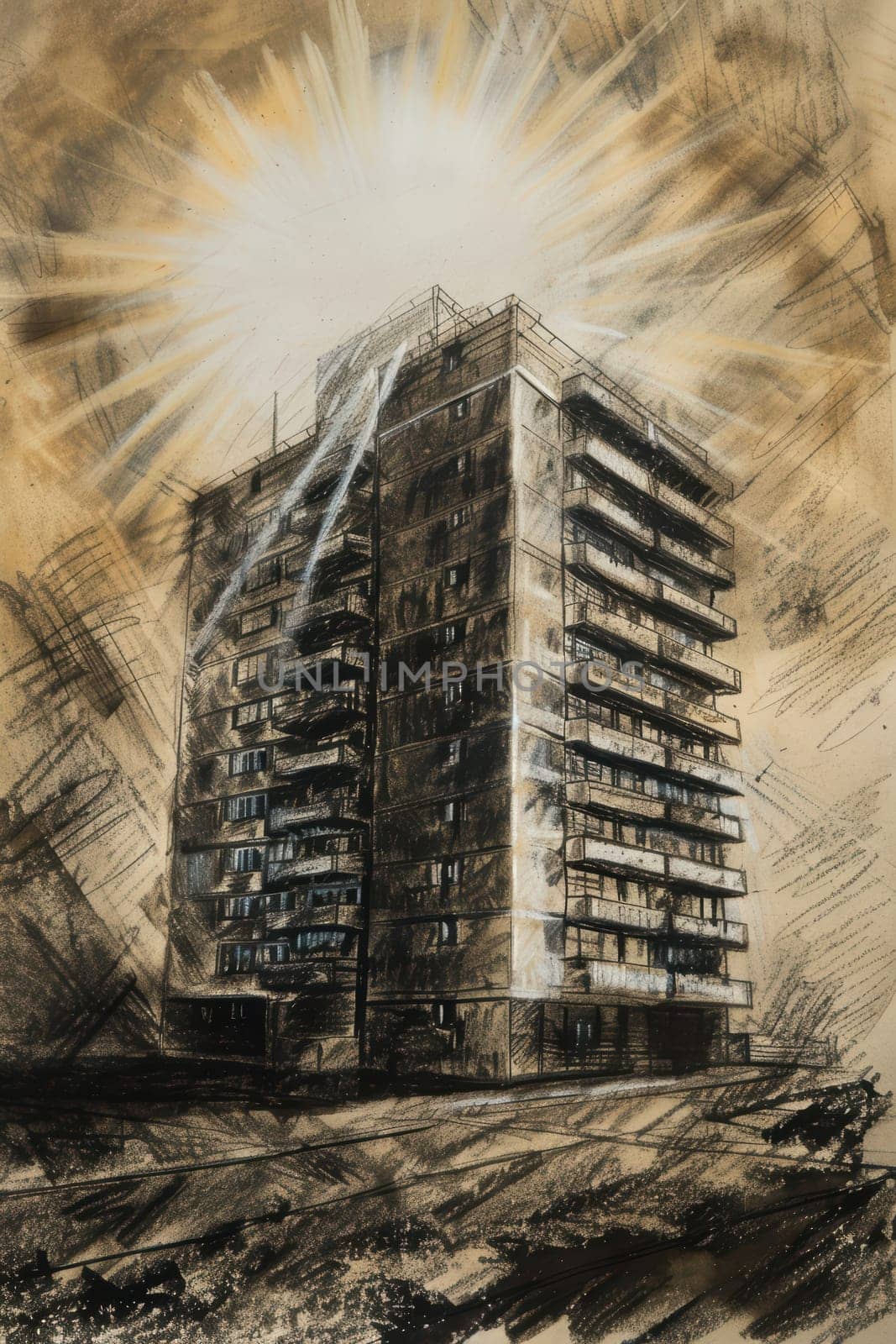 An artistic and captivating representation of an urban building glowing brightly under a radiant suns light
