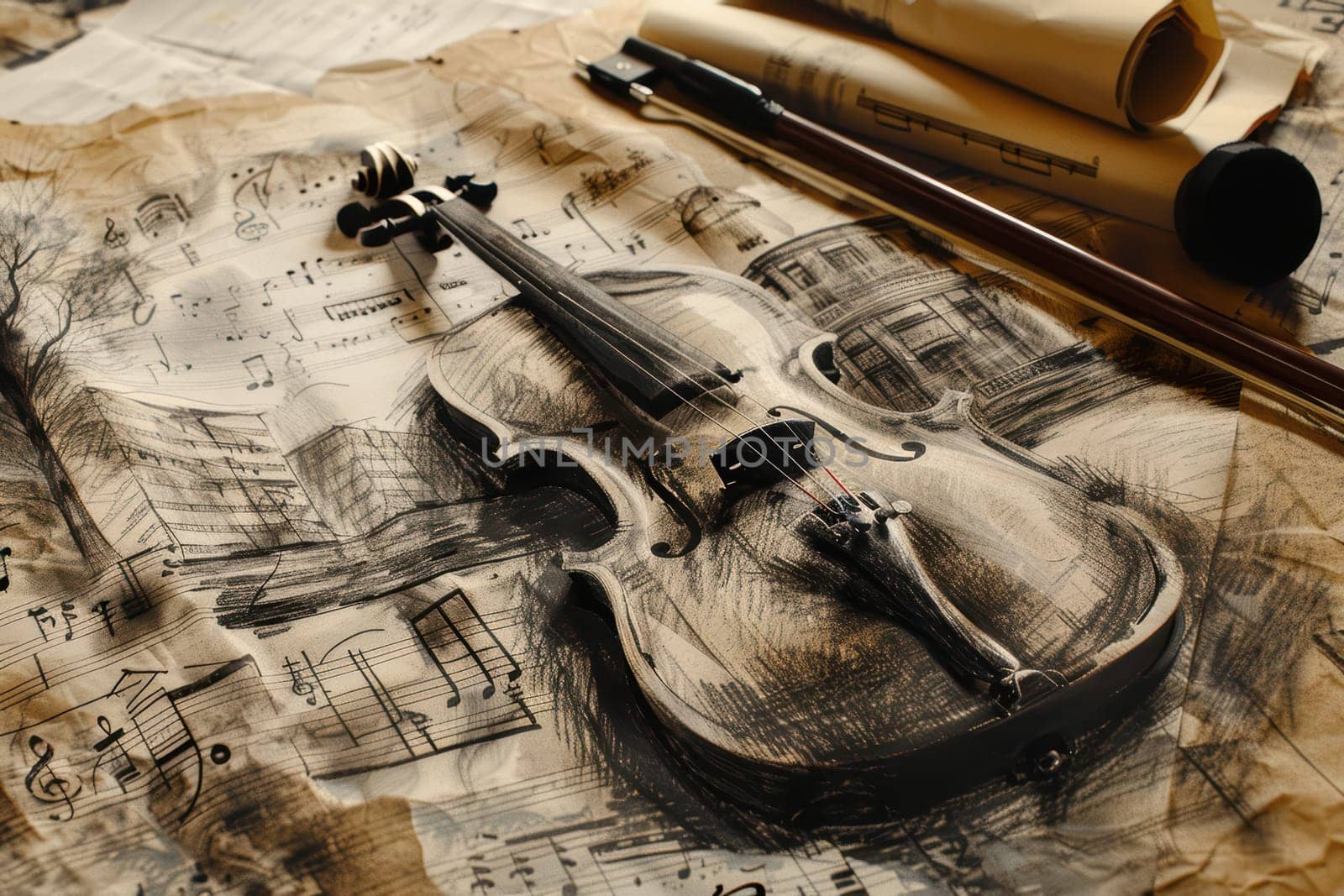 A beautifully arranged violin delicately placed on aged music sheets, evoking a classic and timeless musical aura