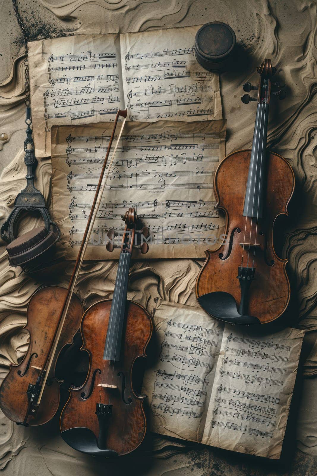 An artistic arrangement of violins, sheet music, and musical accessories showcasing classical music.