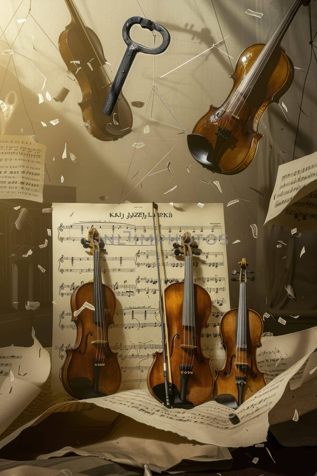 A captivating scene featuring violins, intricate sheet music, and an elegant key, evoking deep musical inspiration