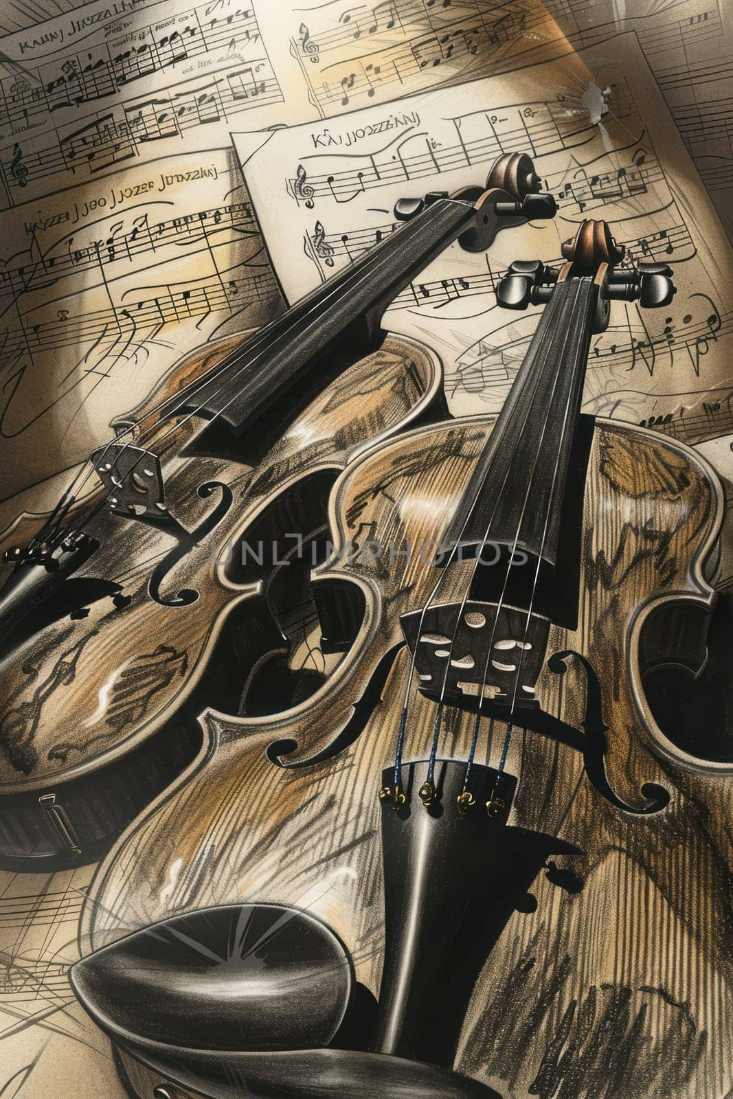 A captivating composition of beautiful violins displayed on vintage sheet music, symbolizing musical artistry