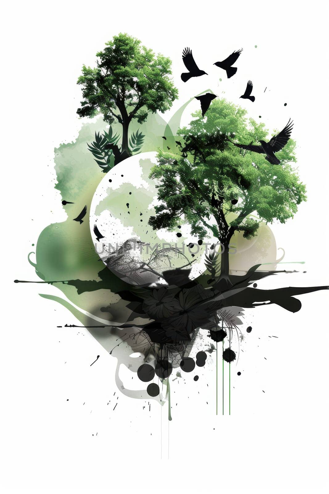 This captivating design features trees, colorful birds, and abstract elements representing natures beauty uniquely