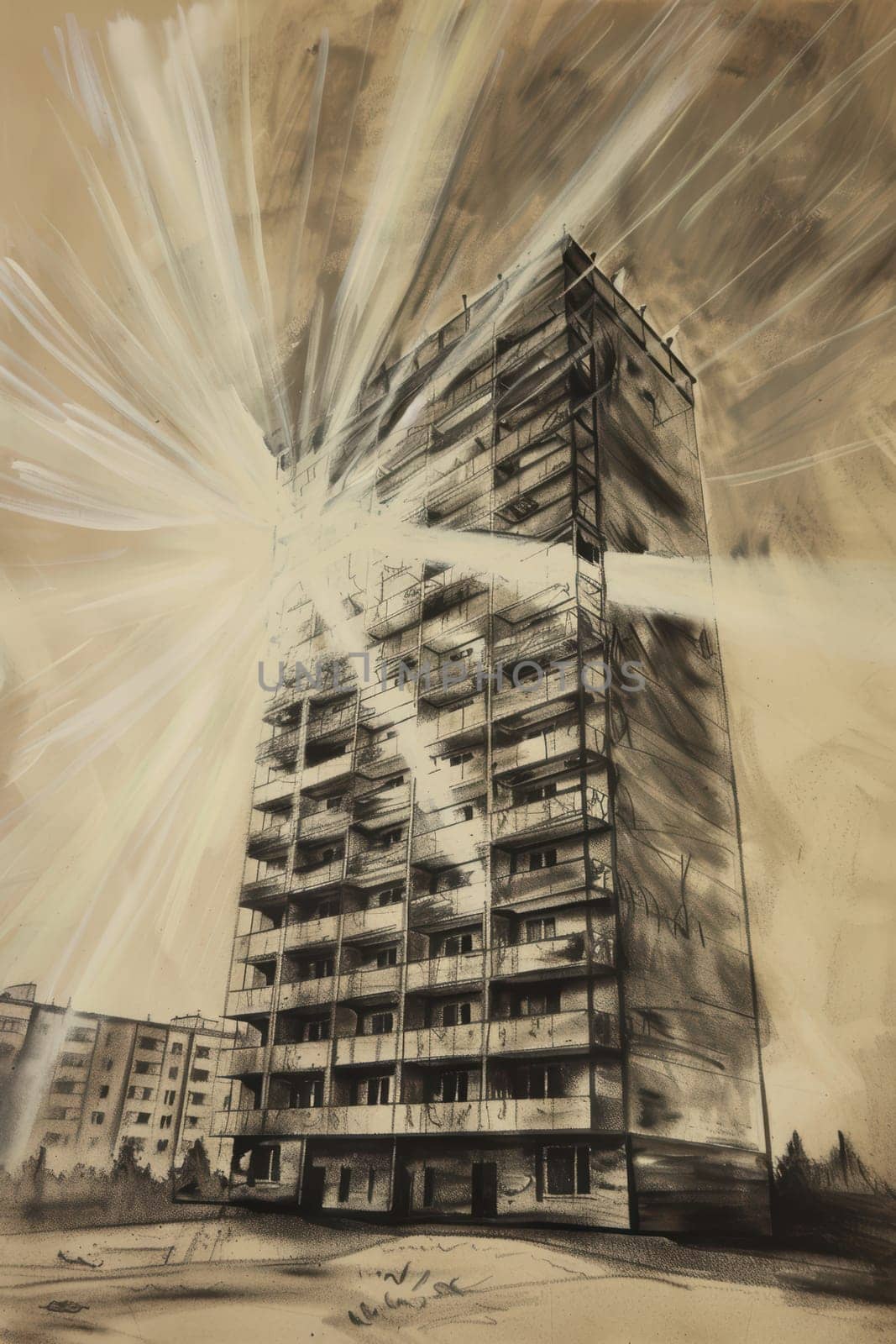 A striking portrayal of an impressive urban highrise building surrounded by a dramatic and chaotic explosion effect