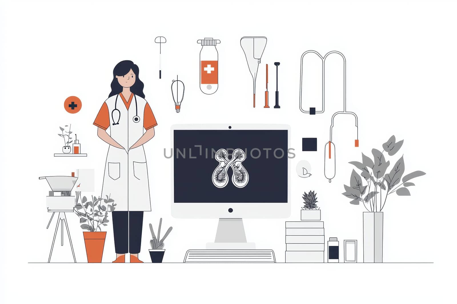 A beautifully designed, stylish healthcare workspace featuring a professional, advanced computer, and healthy plants
