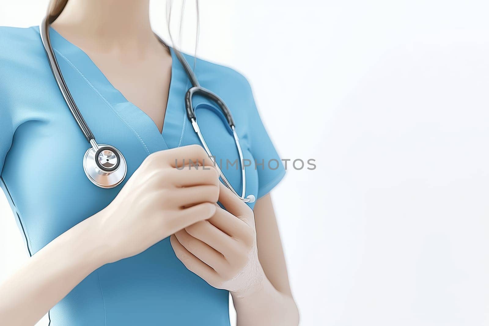 A healthcare professional in blue scrubs holds a stethoscope, symbolizing medical care and compassion