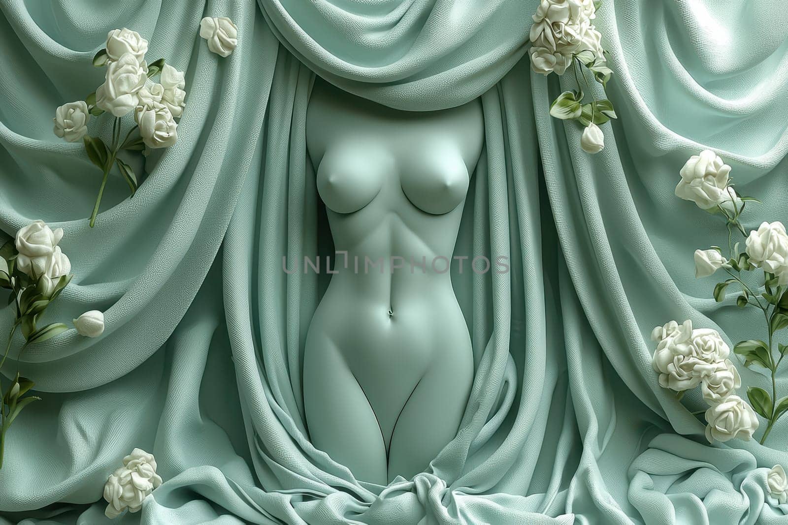 A breathtaking and stunning display showcasing a female form elegantly framed by soft drapery and delicate flowers