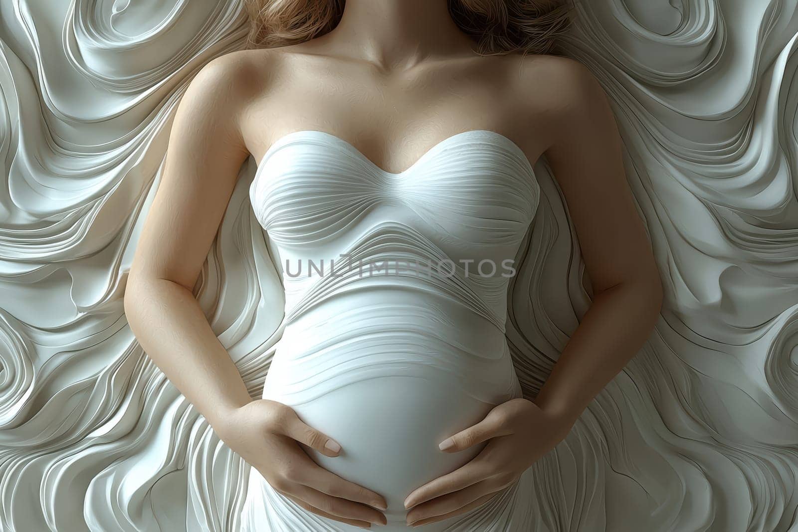 This captivating maternity shot beautifully showcases a loving mother as she cradles her baby bump with care