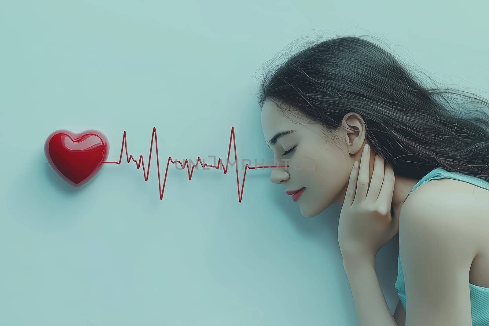 A beautifully serene depiction of a woman connecting deeply with a heartbeat symbol, representing pure love
