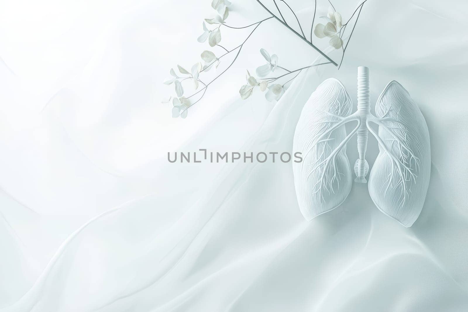 A serene composition of white lungs entwined with soft flowers on a light background, creating tranquility