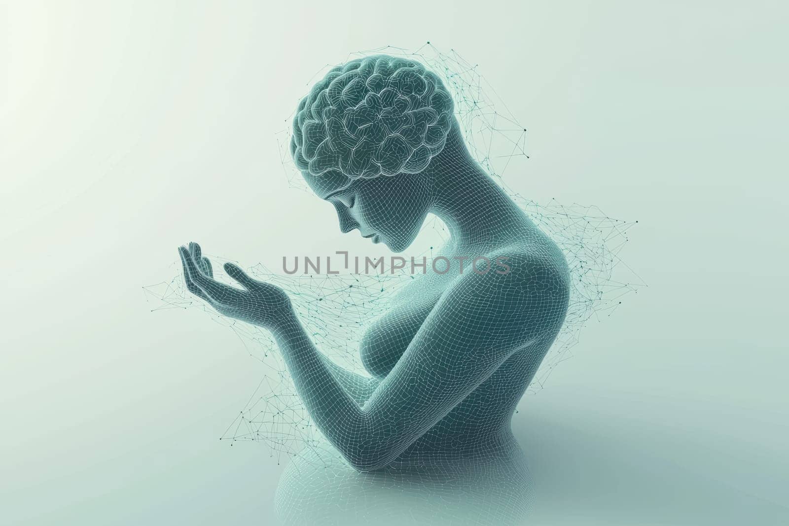 An enchanting digital representation of a woman in a captivating dissolving form, signifying deep introspection