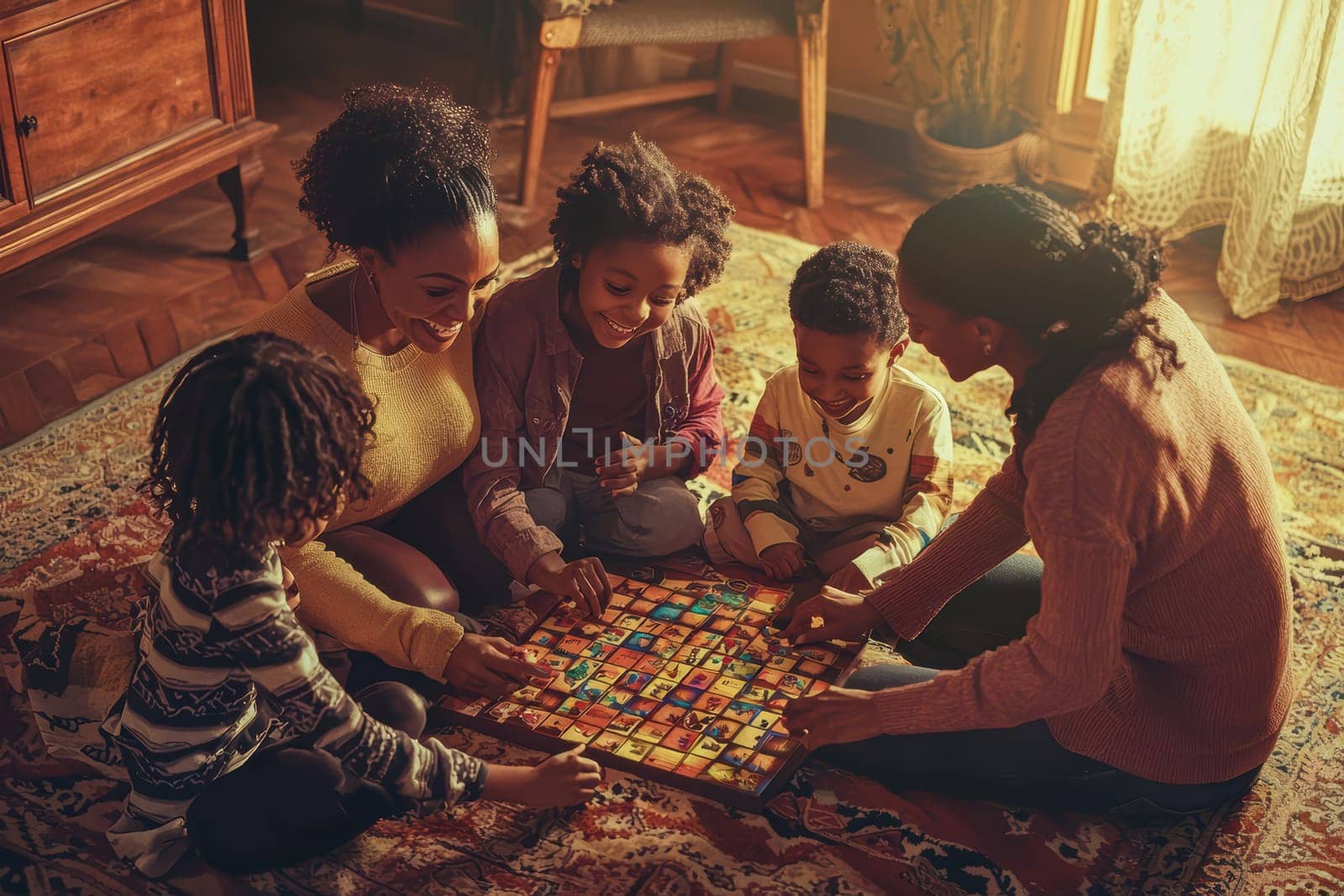 A heartwarming scene capturing a loving family joyfully enjoying a game night together, bonding and laughing happily