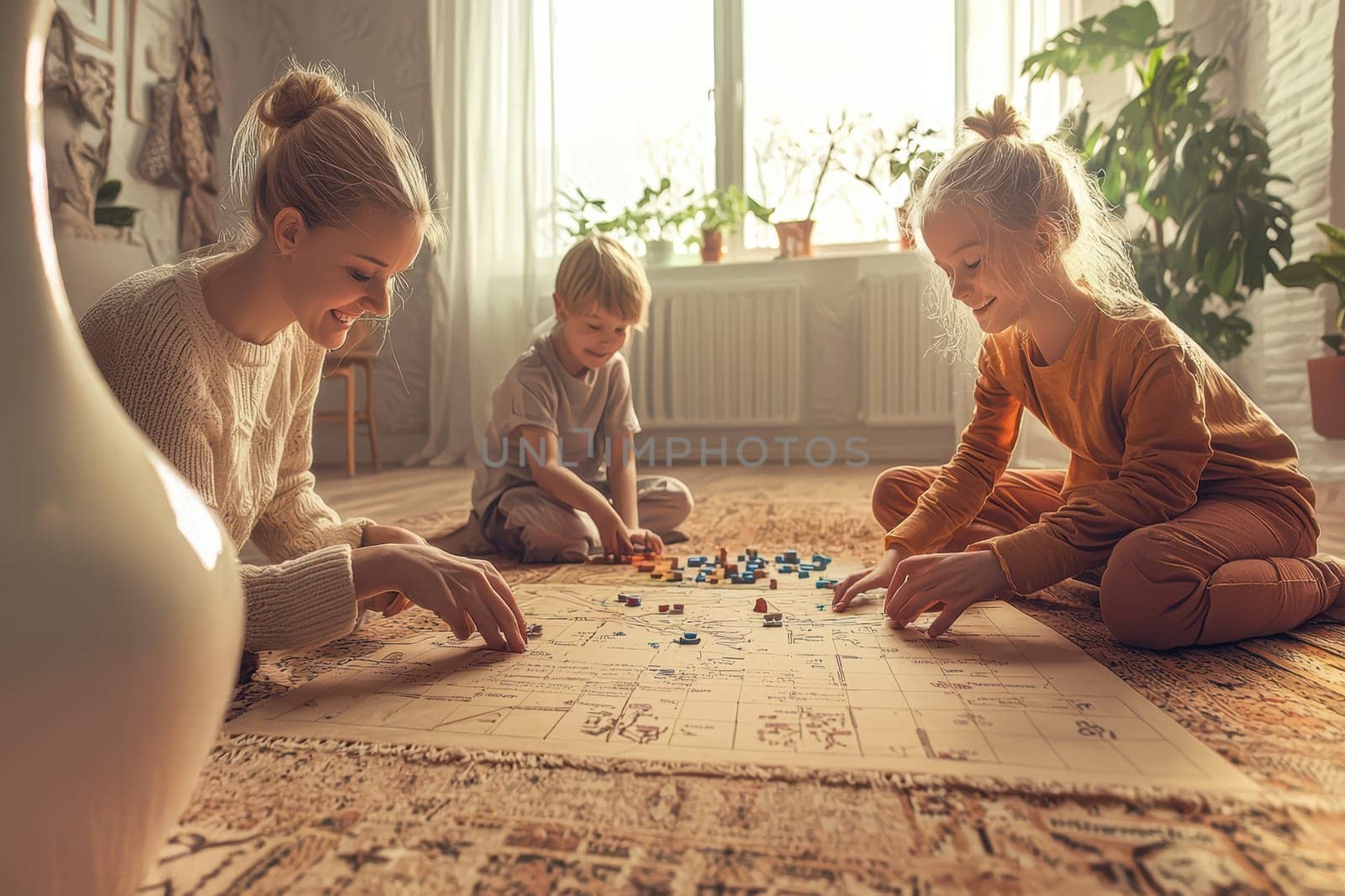 Cherished moments of family togetherness when kids joyfully play with a loving parent in their living room
