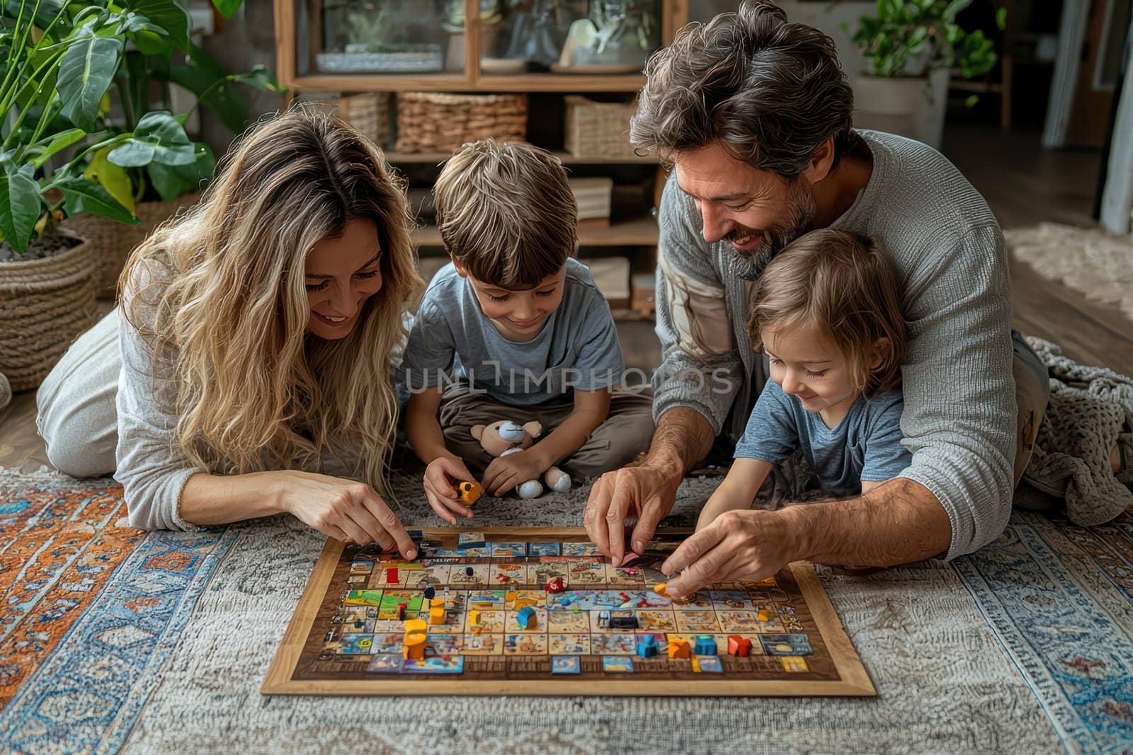 A joyful family is happily playing a fun board game together in a cozy, inviting living room environment