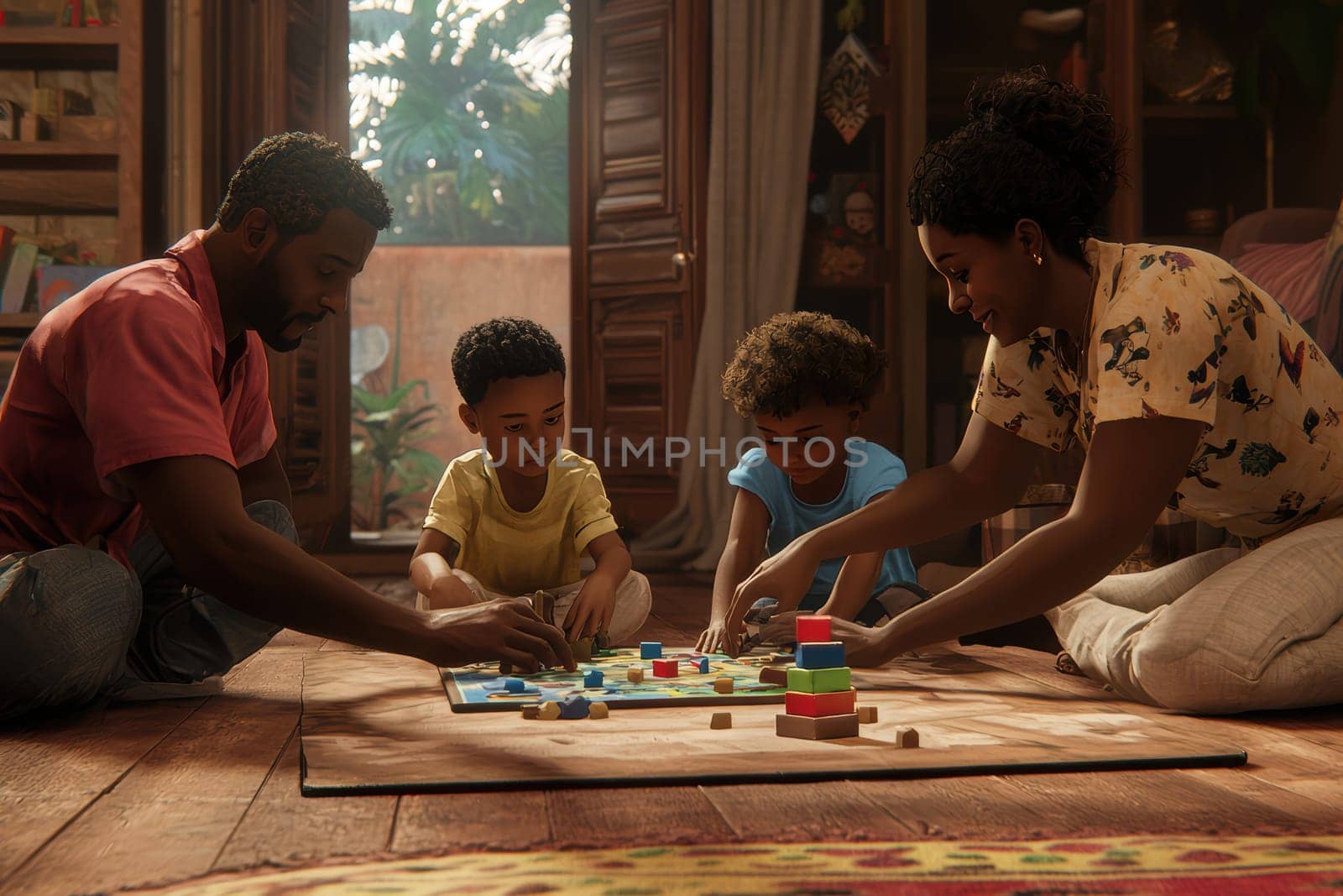 Parents and children joyfully engage in imaginative play with colorful building blocks, creating delightful moments