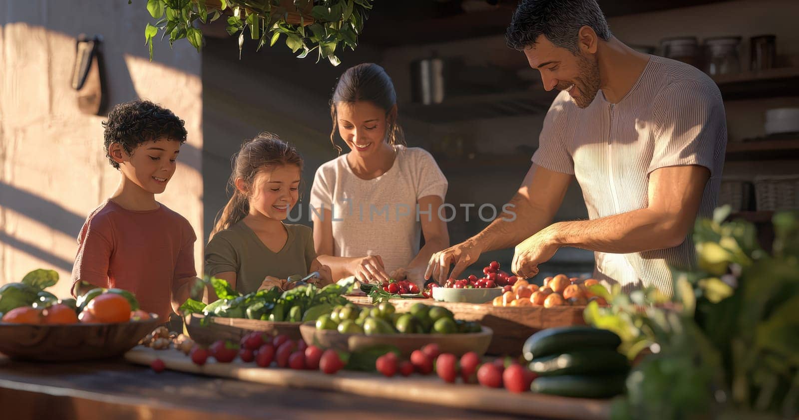 A happy family enjoys cooking with fresh vegetables and fruits in a sunlit kitchen full of warmth and togetherness