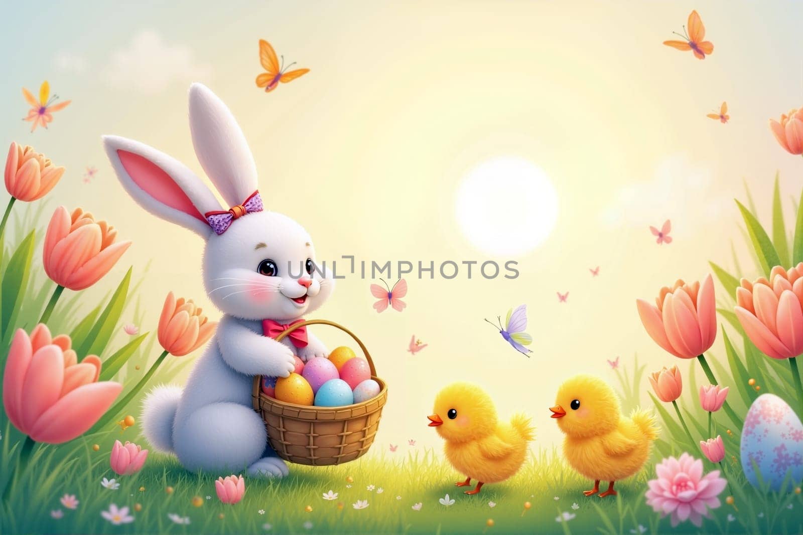 A cheerful bunny holds a basket of colorful eggs while two yellow chicks play in a bright, flower-filled garden under a warm sun. Generative AI.