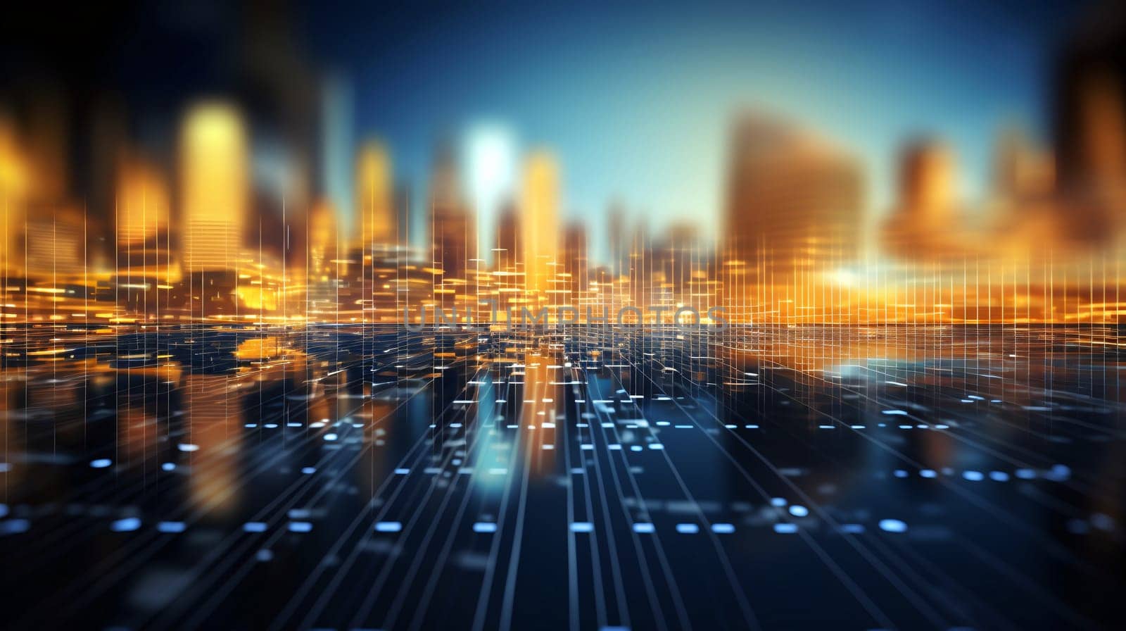 City skyline at dusk displays glowing lights and digital patterns reflected in water, creating a futuristic atmosphere and vibrant colors - Generative AI