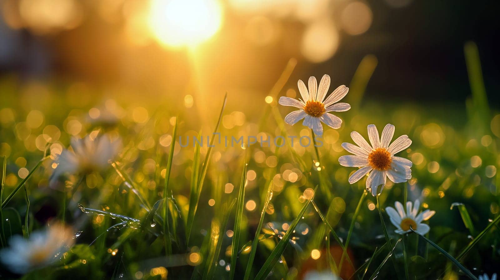 Daisies bloom in a lush meadow, captured in the warm glow of morning sunlight. Dewdrops shimmer on the grass, creating a tranquil and refreshing atmosphere - Generative AI