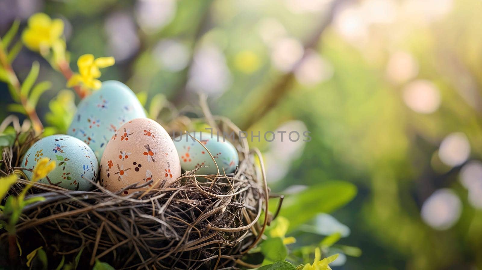Decorated Easter eggs sit comfortably in a nest surrounded by vibrant green plants, symbolizing renewal and celebration during spring- Generative AI