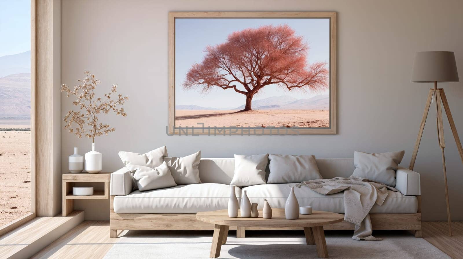 A chic living room showcases a large framed artwork of a pink tree amidst a tranquil landscape, accentuated by beige decor and modern furniture - Generative AI