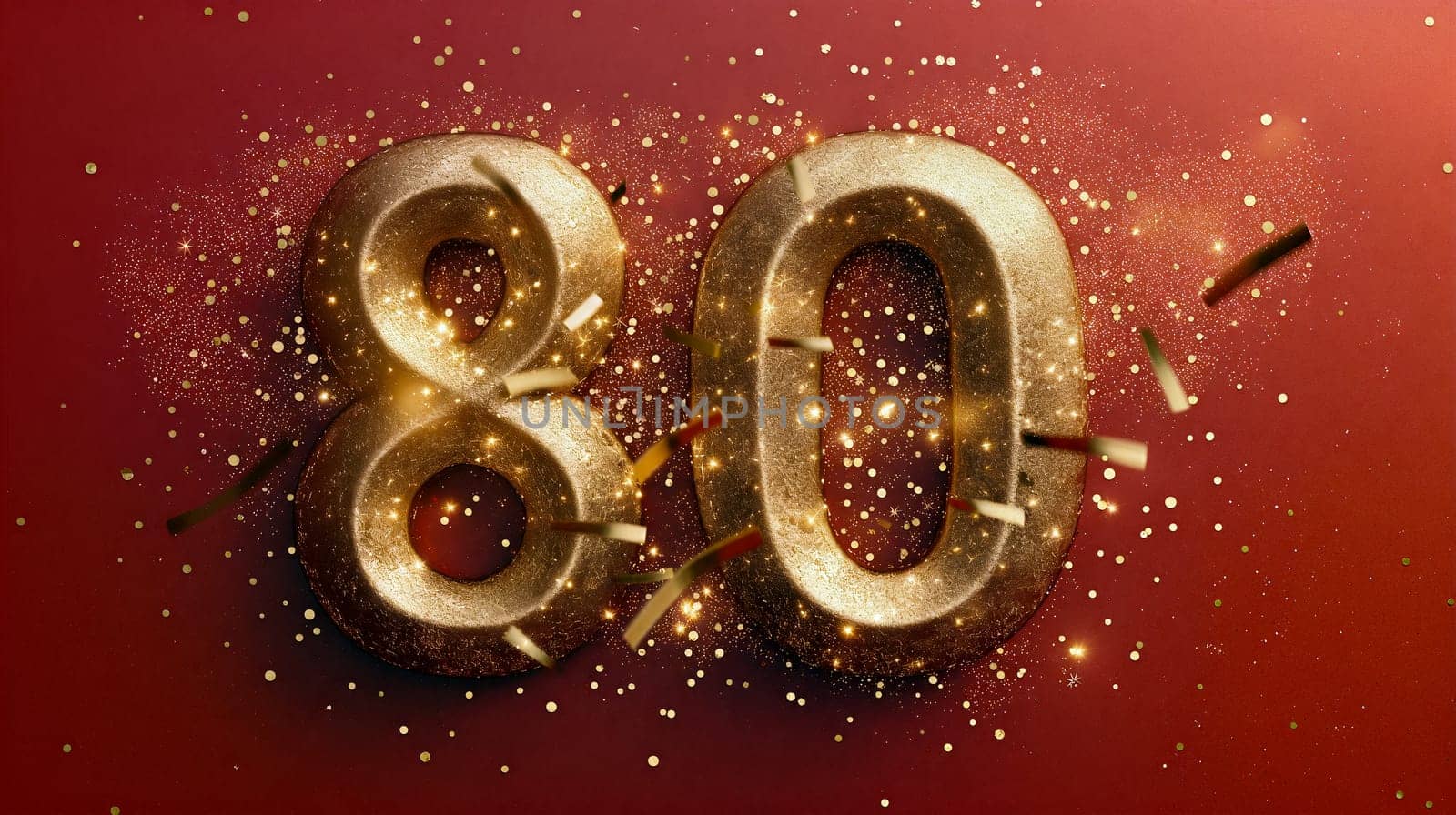 The celebratory gold number 80 takes center stage, illuminated by shimmering confetti as colors burst forth, embodying a joyous milestone in a festive environment - Generative AI