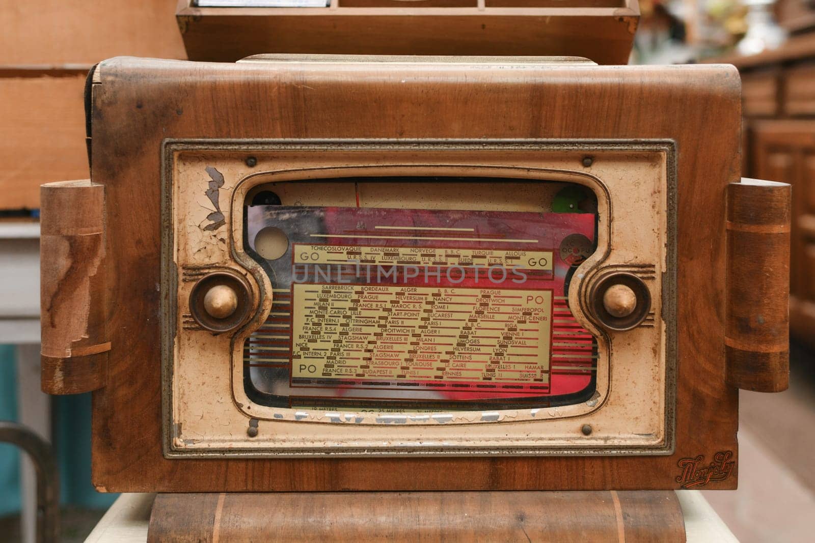 VERONA, ITALY - MARCH 04, 2023: Vintage old radio Monjoly in a second hand shop