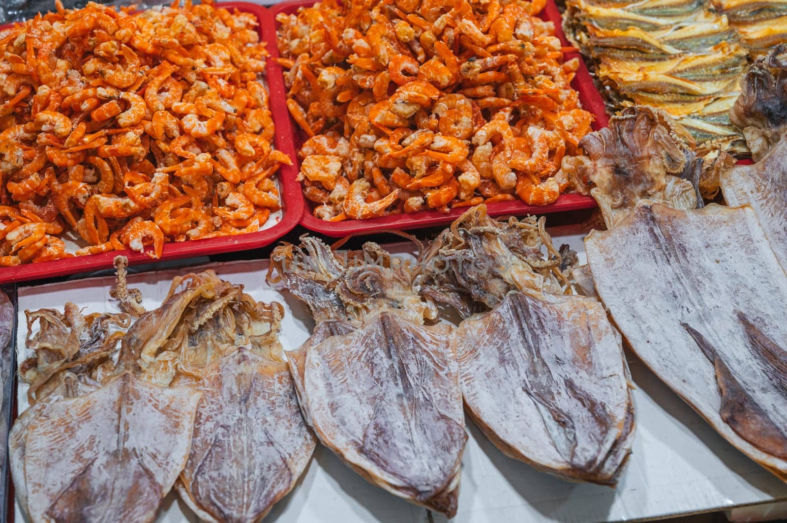 dried fish, squid and shrimp on the Asian market in Vietnam
