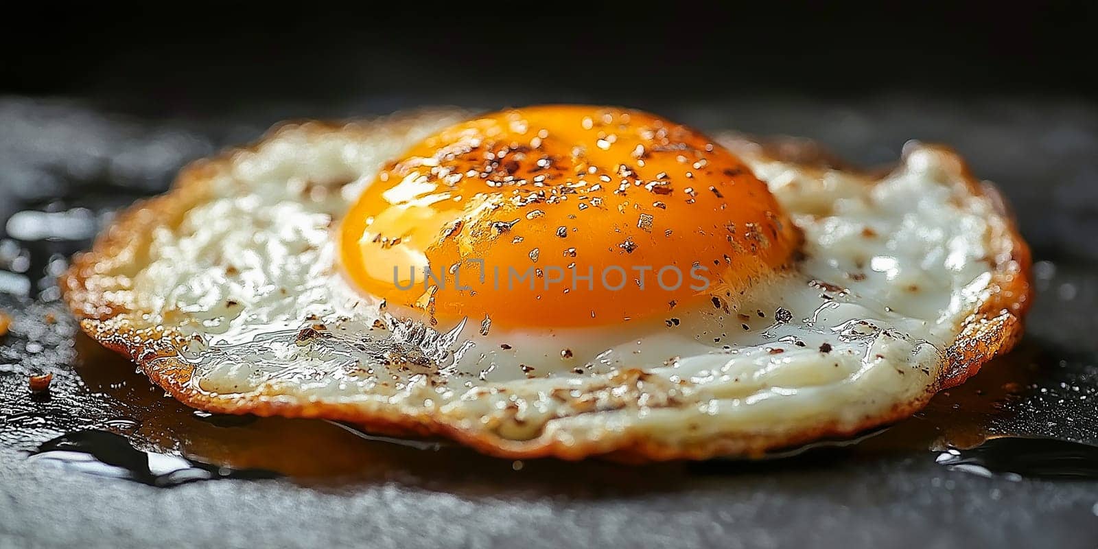 Fried egg, cooked in oil, seasoned with pepper. A close-up view.