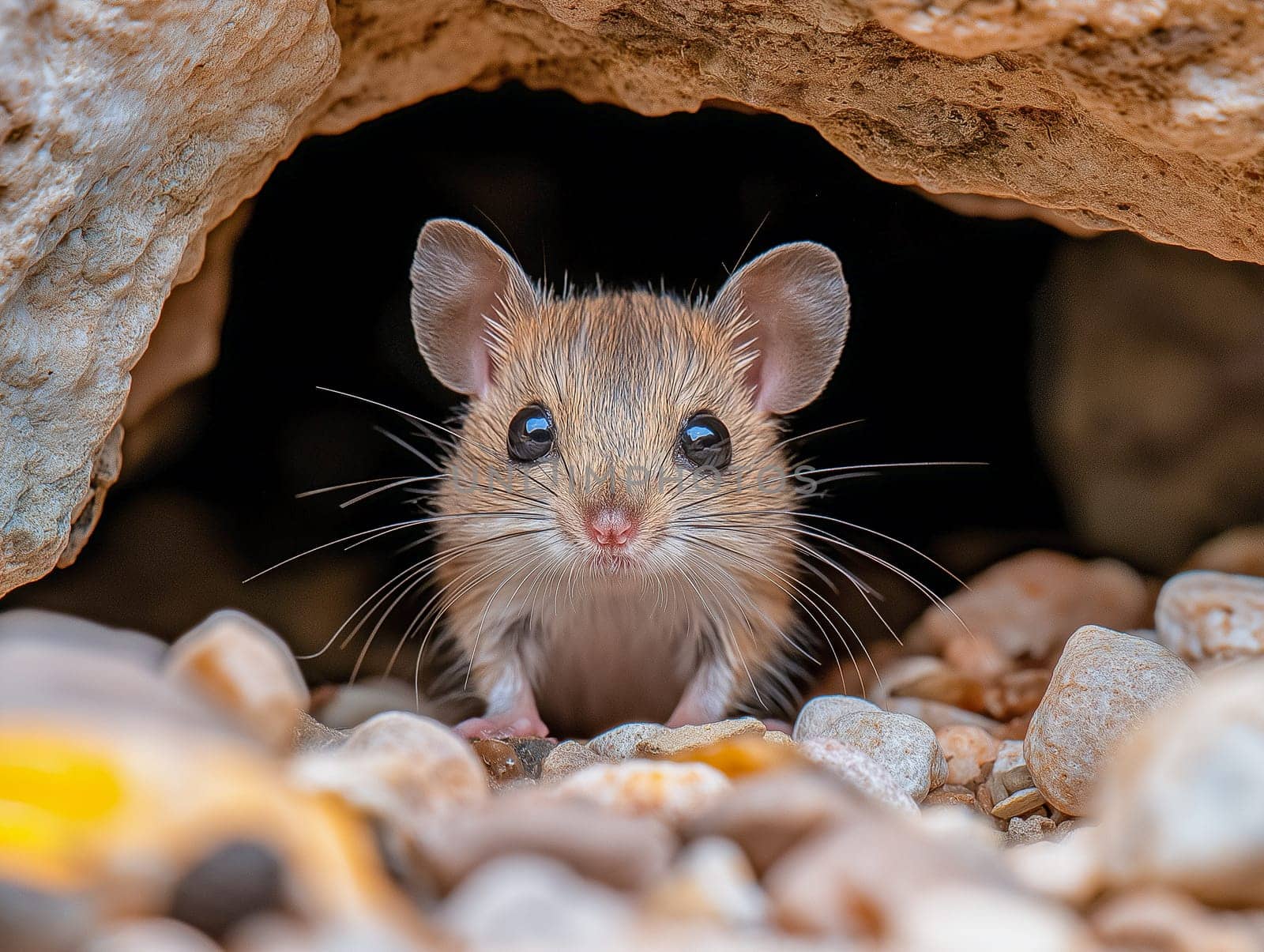 A small mouse (species unknown) peeks out of a rocky crevice. Its curious gaze suggests exploration or seeking safety. The close-up highlights the animal's vulnerability and the natural habitat.