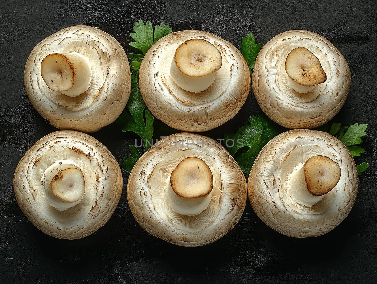 Fresh button mushrooms, ready for cooking, are arranged on a dark surface with parsley. No people are involved.