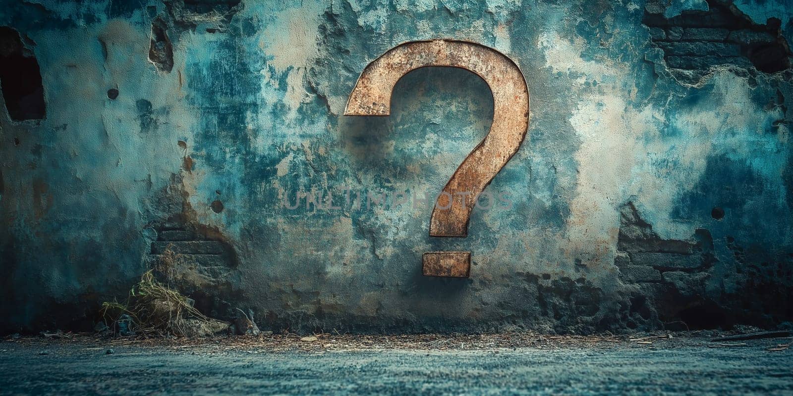 Rusty question mark affixed to a weathered wall. The decaying structure hints at unanswered questions and forgotten stories.
