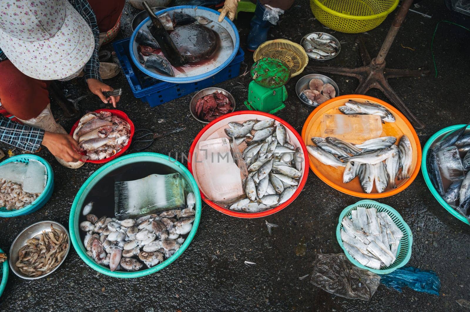 fresh fish and shrimp at the Asian Seafood Street Market in Asia in Vietnam