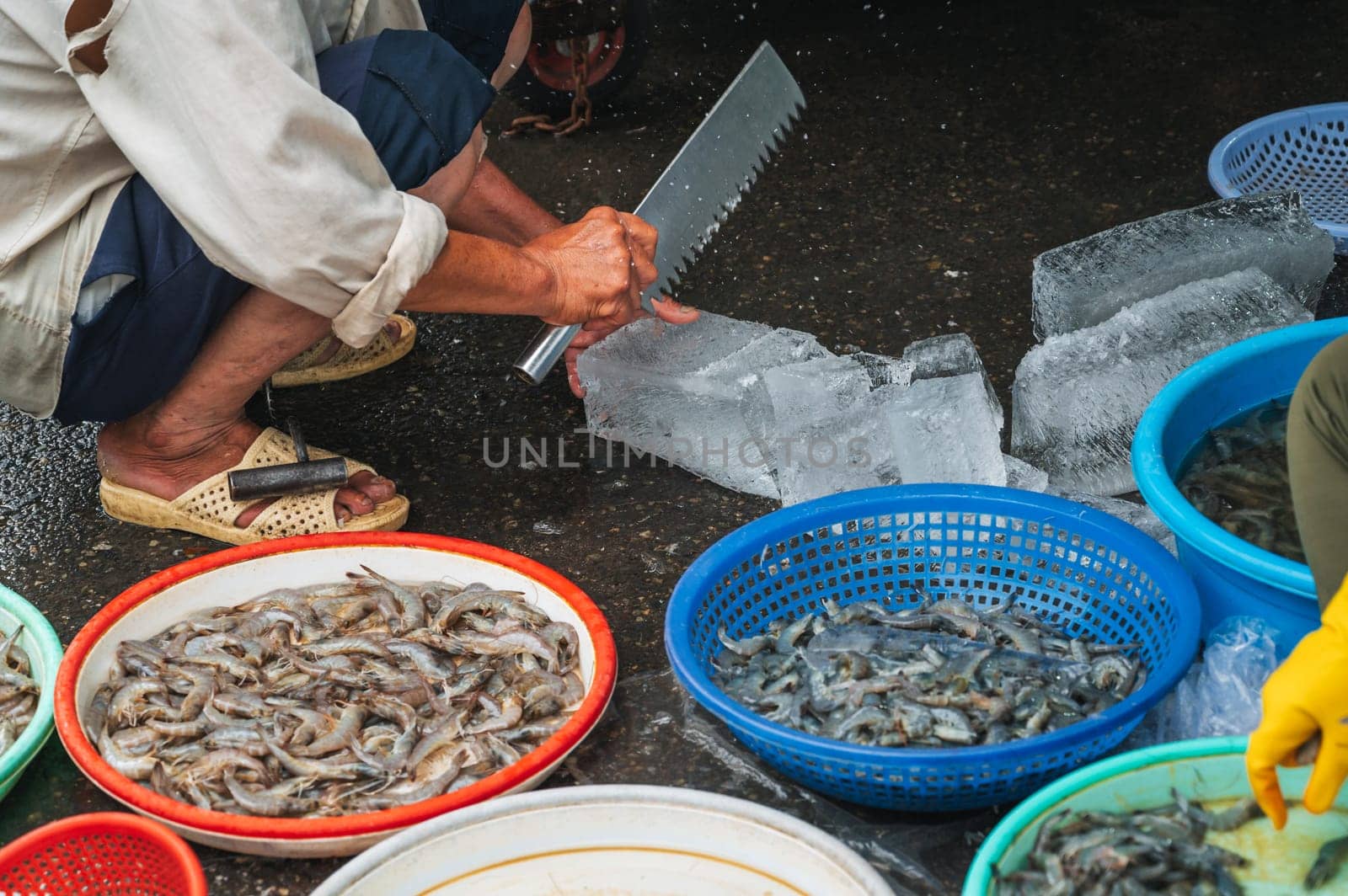 fresh shrimp and raw prawns at the seafood market in Asia