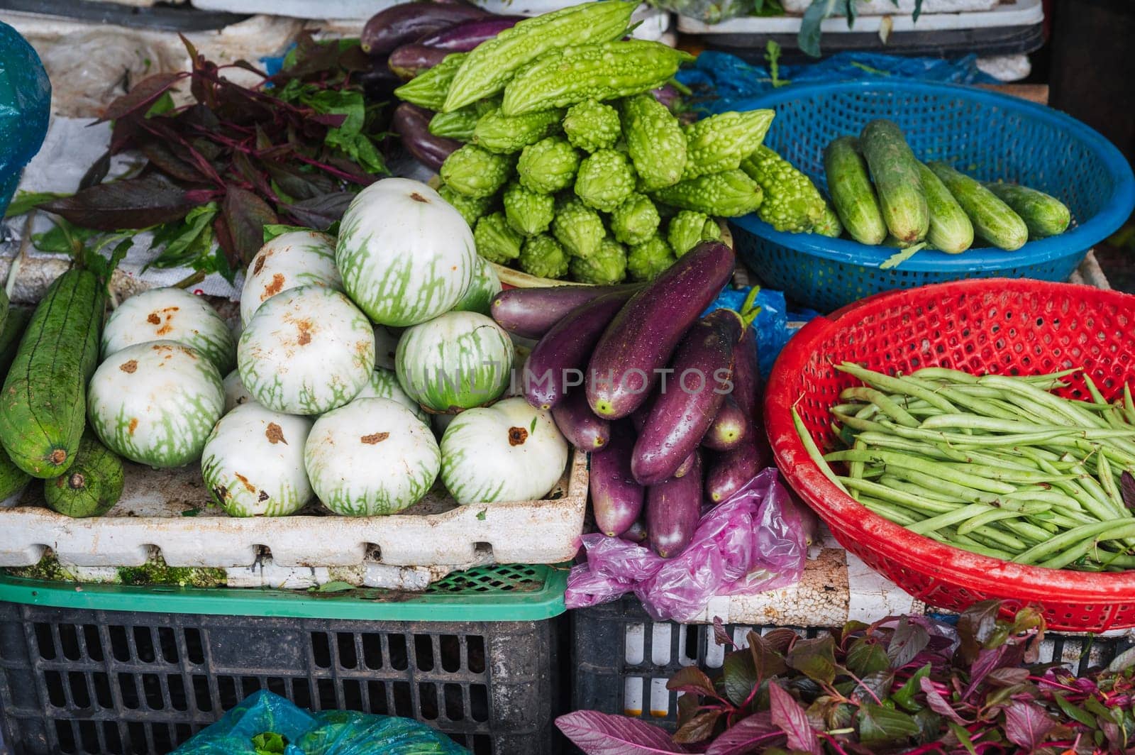 assortment of various vegetables at street vegetable market in Asia in Vietnam