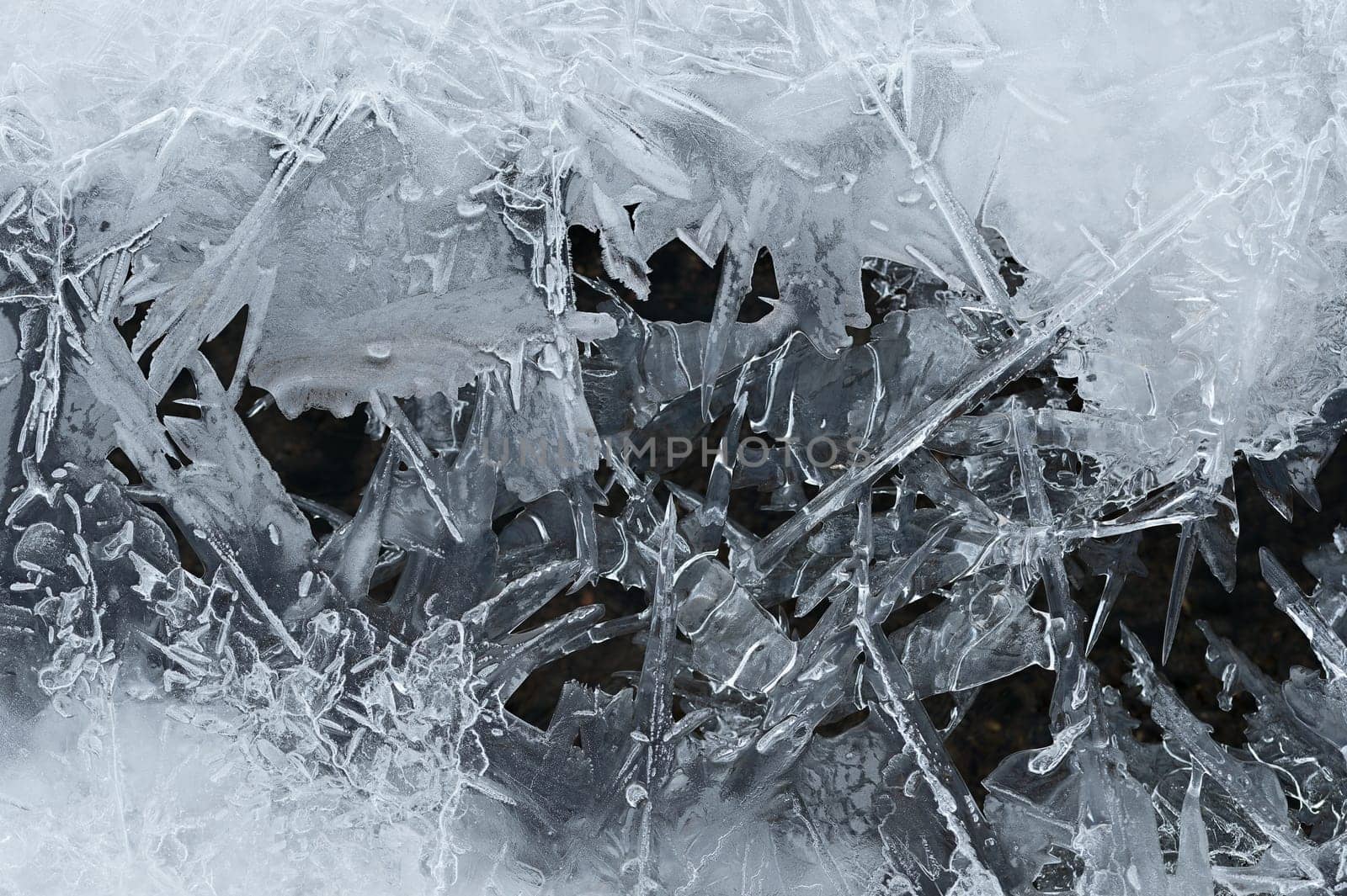 Frozen stream and ice closeup photo. Beautiful winter abstract background in nature. Concept for water and winter time