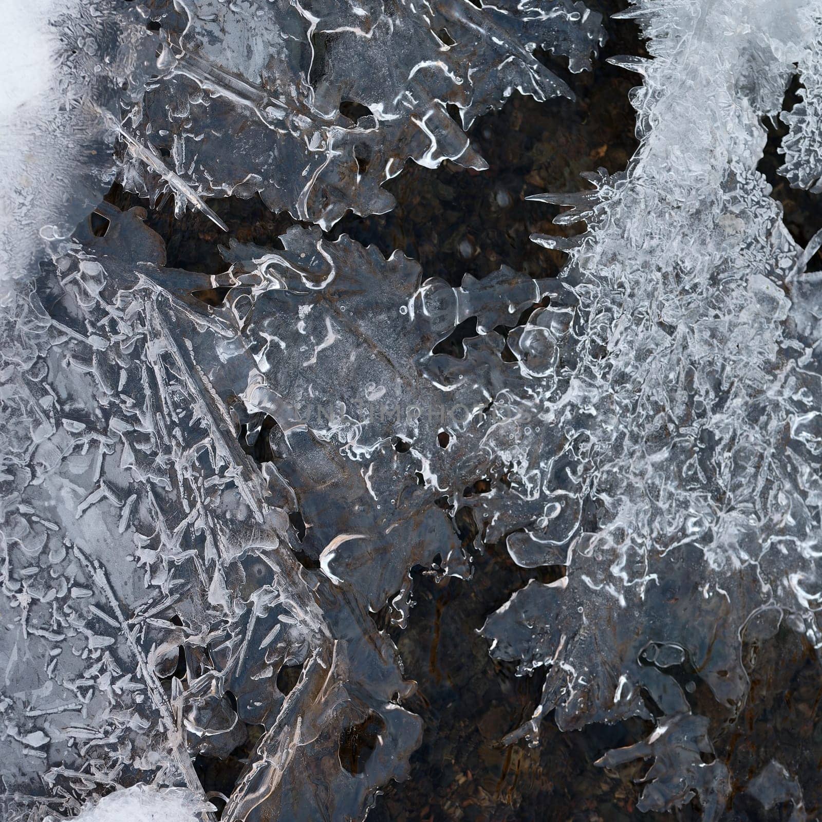 Frozen stream and ice closeup photo. Beautiful winter abstract background in nature. Concept for water and winter time