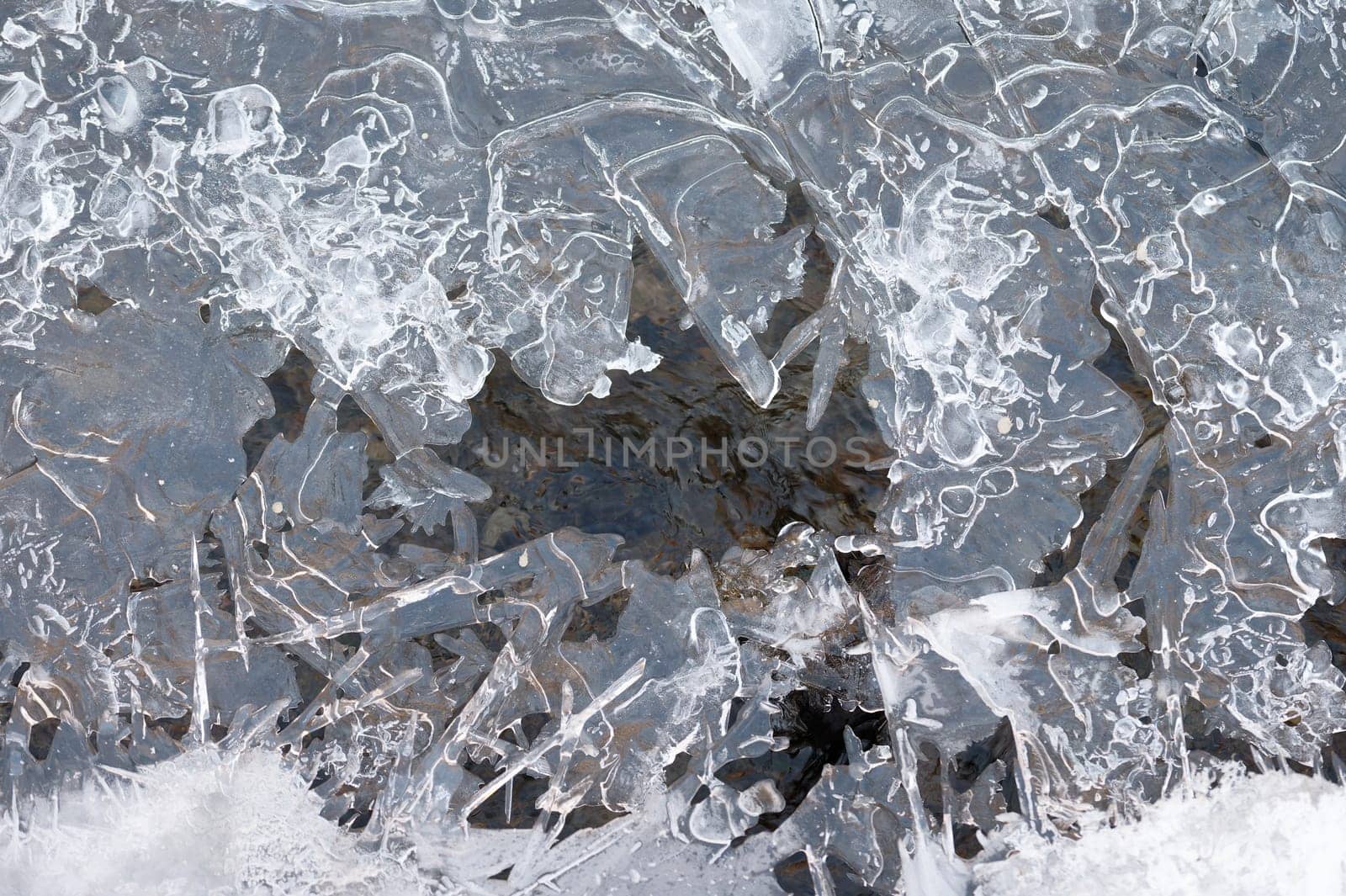 Frozen stream and ice closeup photo. Beautiful winter abstract background in nature. Concept for water and winter time