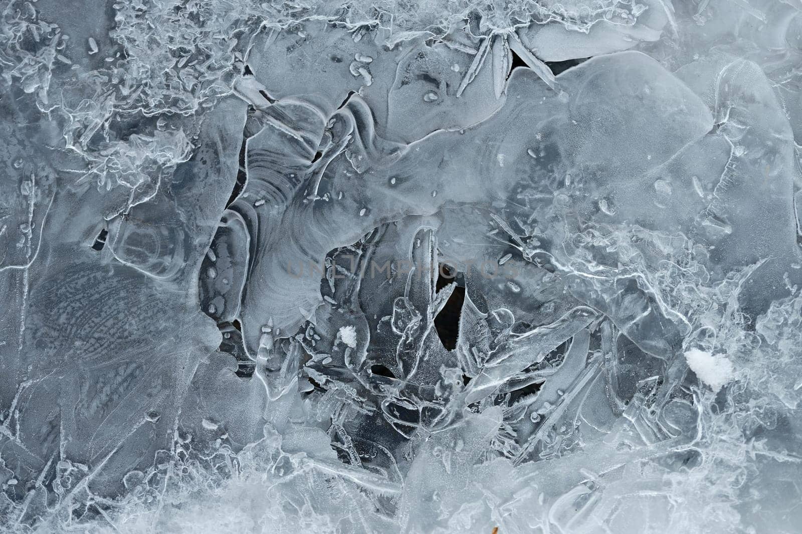 Frozen stream and ice closeup photo. Beautiful winter abstract background in nature. Concept for water and winter time