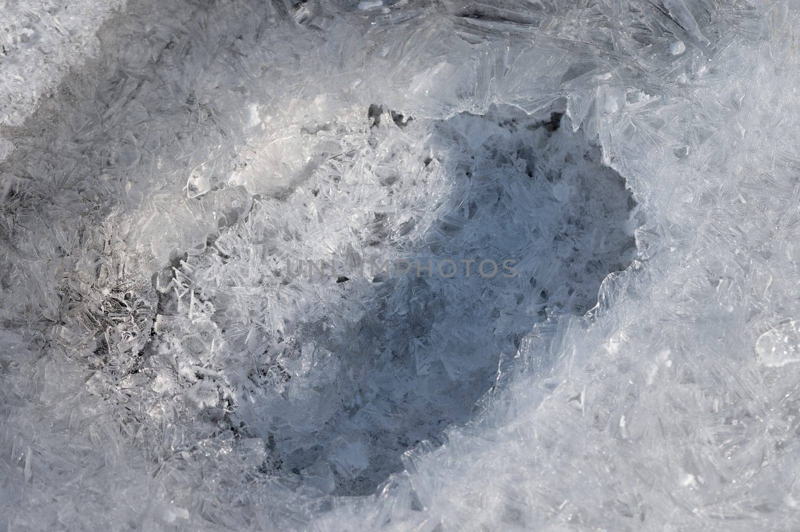 Frozen stream and ice closeup photo. Beautiful winter abstract background in nature. Concept for water and winter time