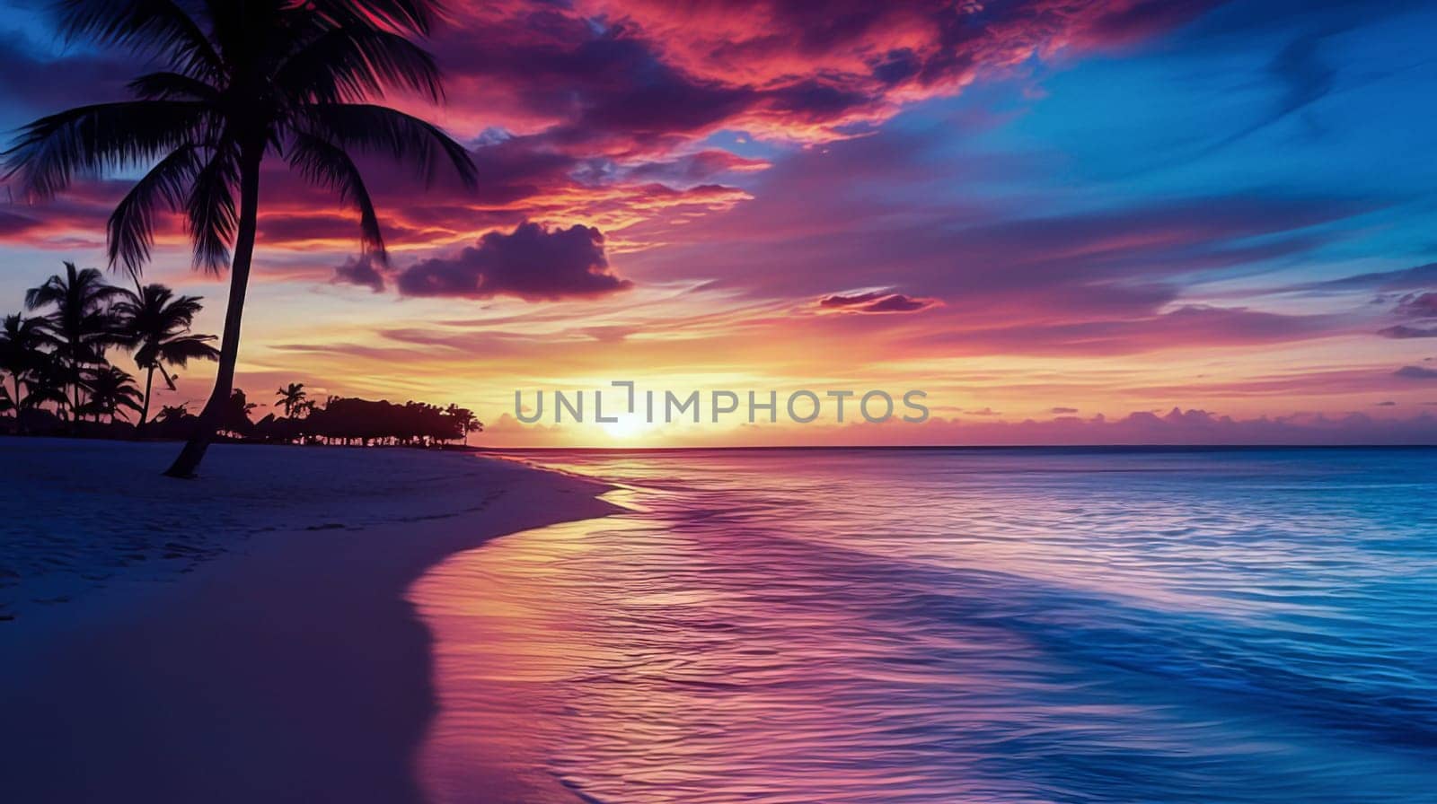 Long sandy beach with palm trees by the sea sunny clear day. Ai art