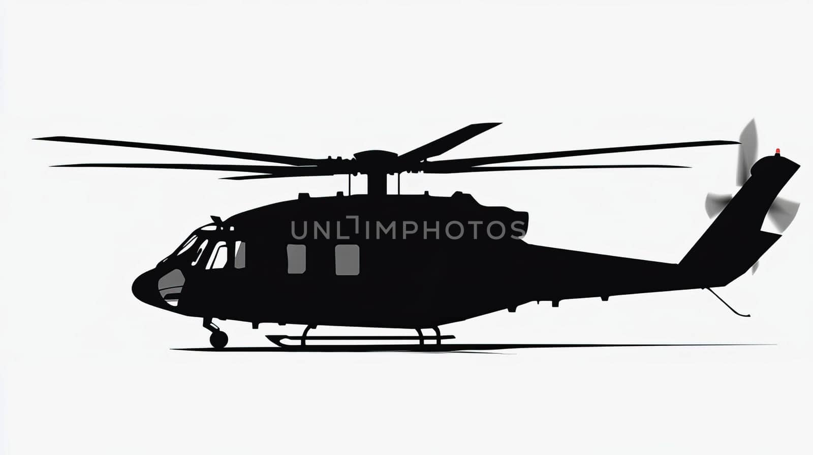 Black silhouette of helicopter on white background. Ai art