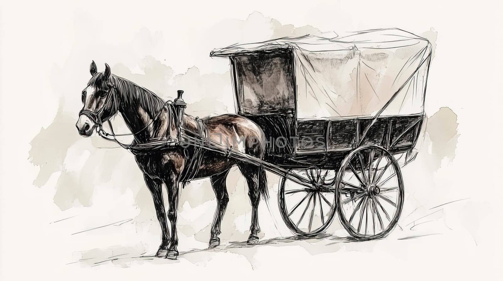Black silhouette of horse and carriage on white background. Ai art
