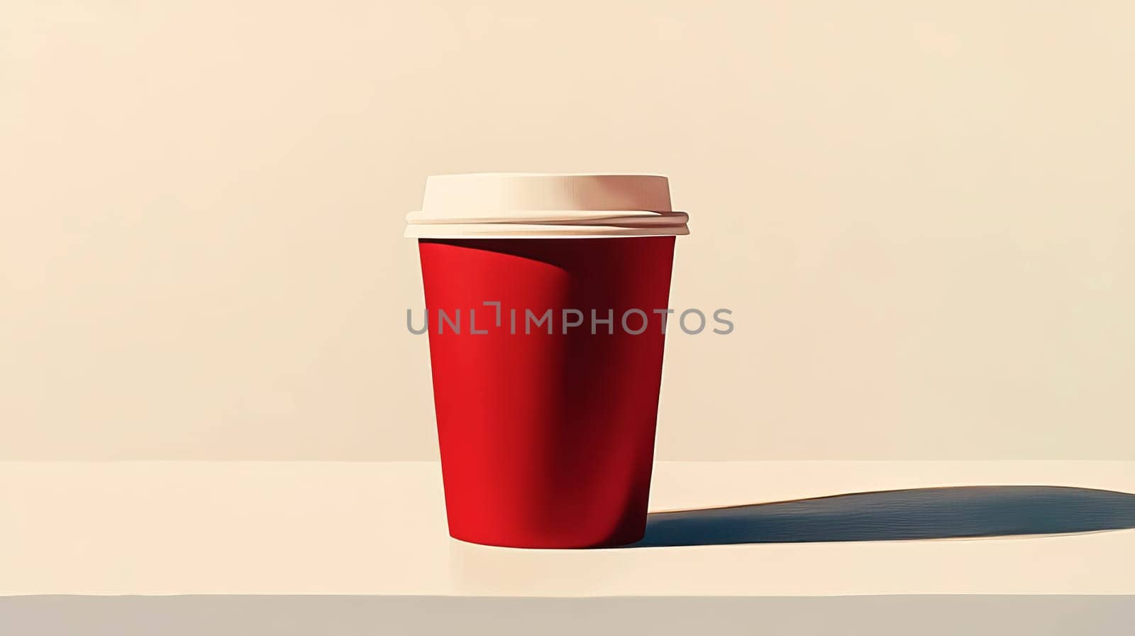 Closeup front view disposable takeaway red coffee cup. Ai art