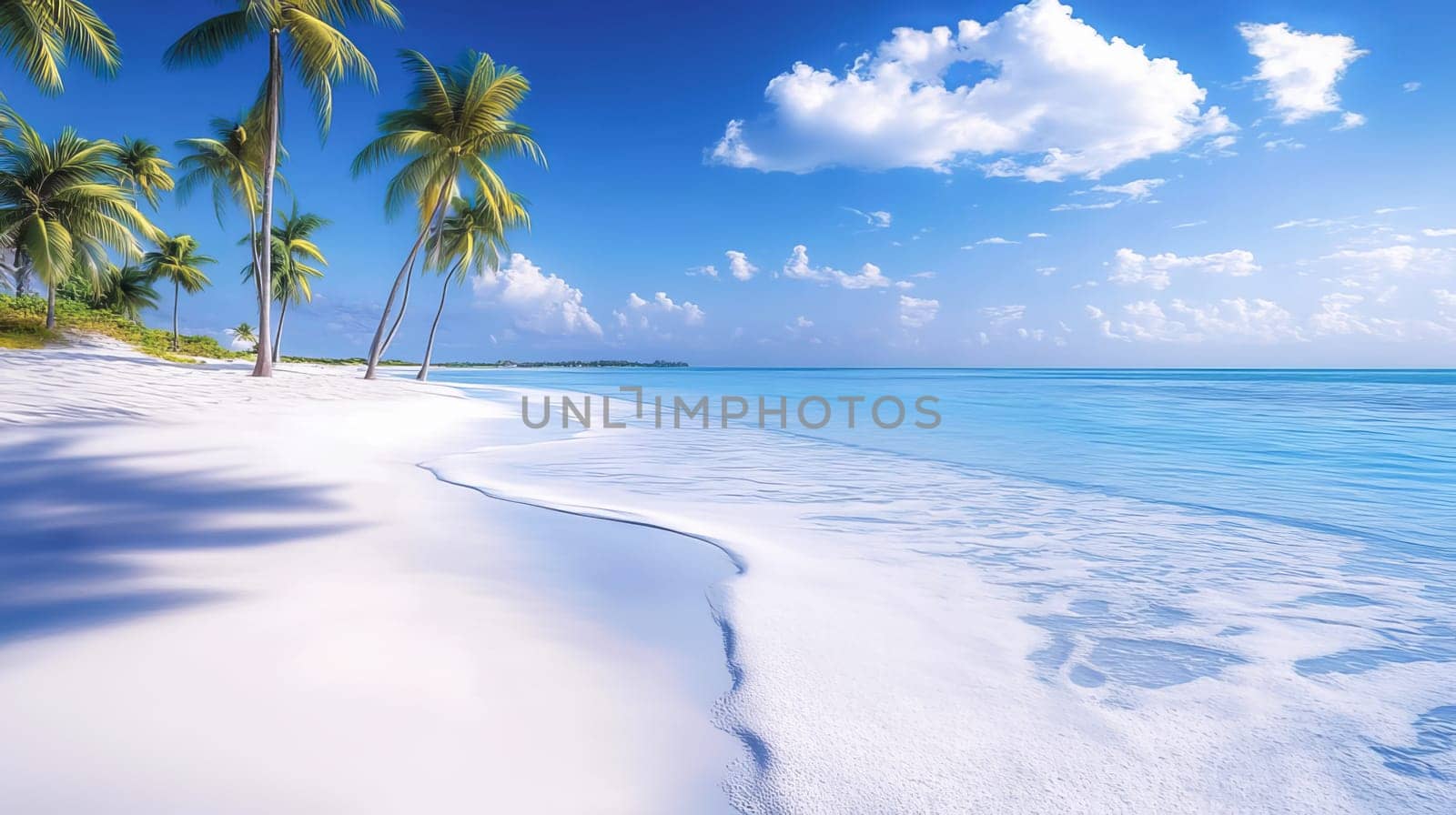 Long sandy beach with palm trees by the sea sunny clear day. Ai art