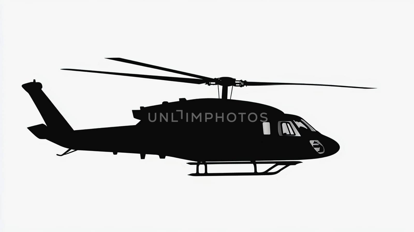 Black silhouette of helicopter on white background. Ai art